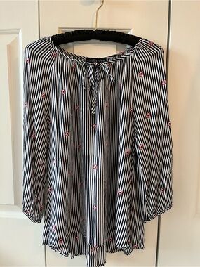 Fred David Black and White Striped Rayon Blouse with Pink Floral Dots
